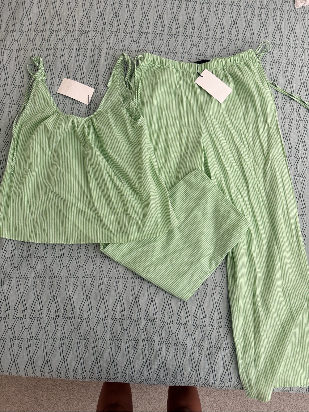Zara Light Green Ribbed Two-Piece Pajama Set